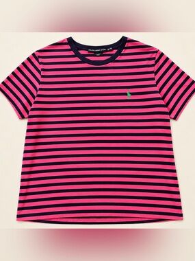 Ralph Lauren Sport Pink & Navy Striped Tee XL | Green Pony | Like New